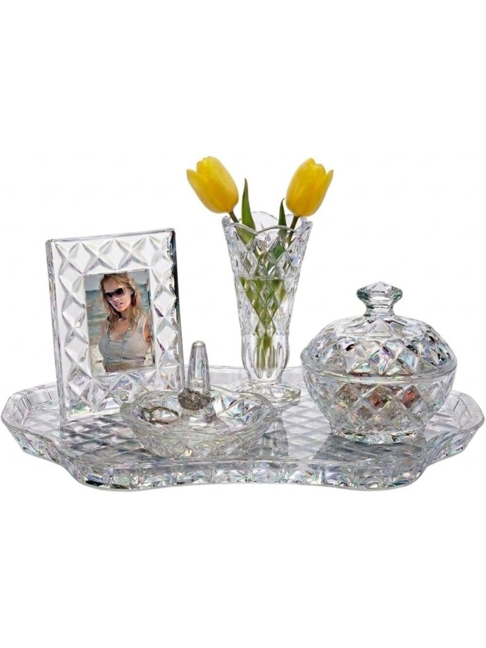 Elegant Crystal Glass Vanity Set - 5-Piece Display Tray, Ring Holder, Vase